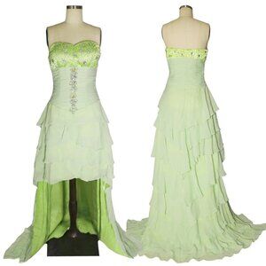 Vtg Green US 4 S Gemstone Tiered Beaded High Low Ruched Bodice Prom Gown Dress